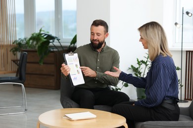 Photo of Smiling business partners working with documents in office