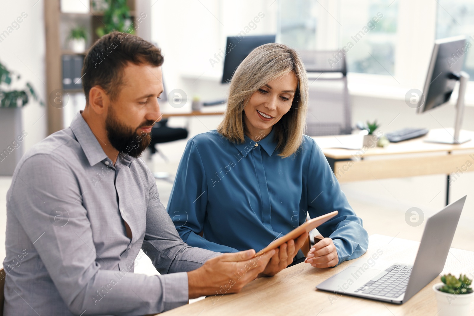 Photo of Smiling business partners working with tablet at table in office