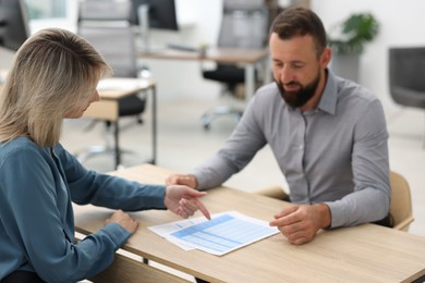 Photo of Business partners working with documents at table in office