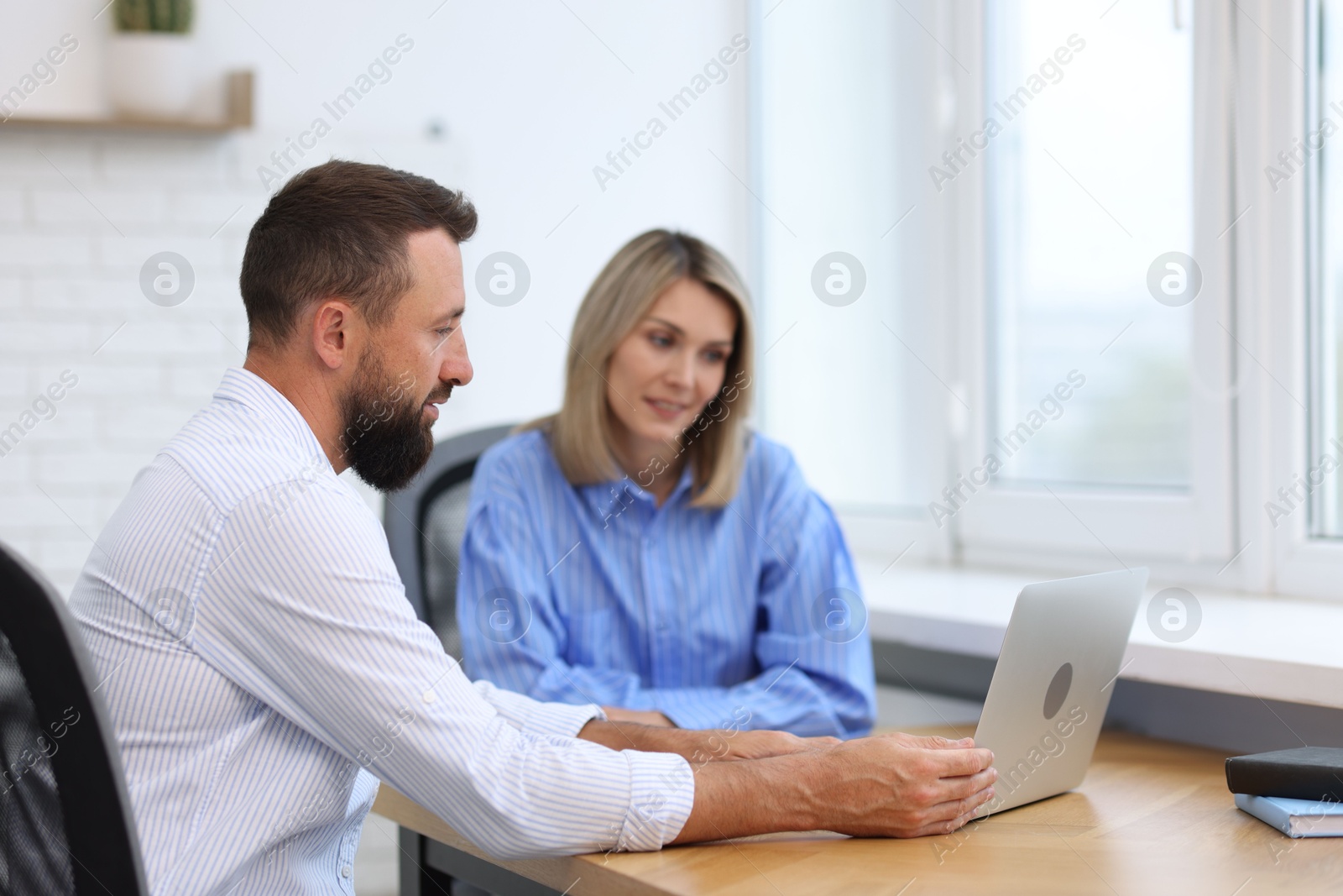 Smiling business partners working with laptop at table in office Photo of Smiling business partners working with laptop at table in office
