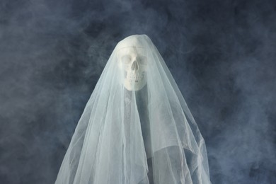 Photo of Creepy ghost. Skeleton covered with white sheet in smoke on black background