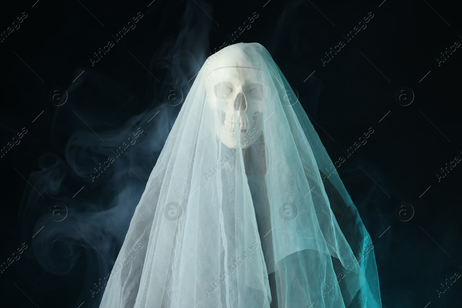 Creepy ghost. Skeleton covered with white sheet in smoke on black background Photo of Creepy ghost. Skeleton covered with white sheet in smoke on black background