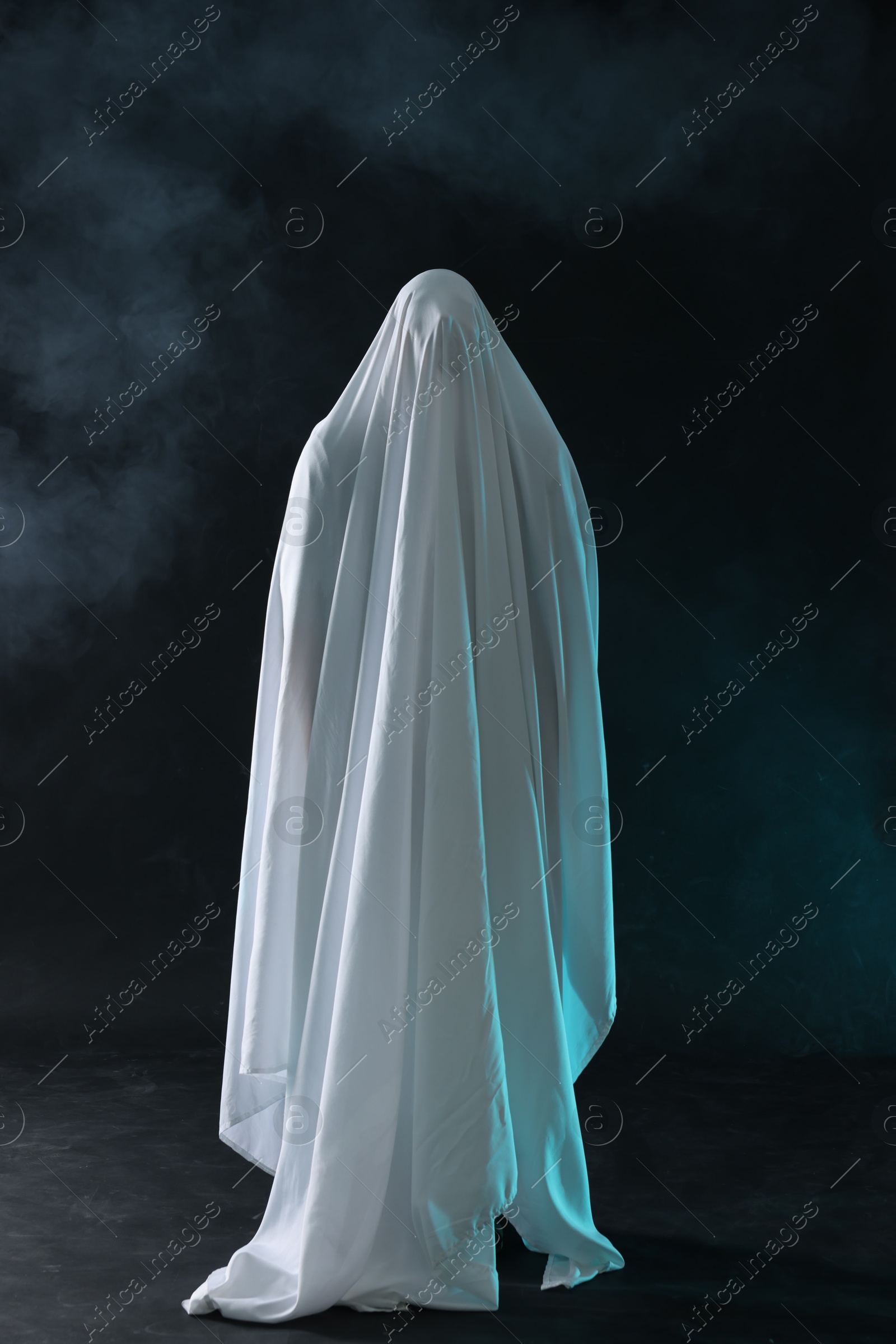 Creepy ghost. Man covered with white sheet in smoke on black background Photo of Creepy ghost. Man covered with white sheet in smoke on black background