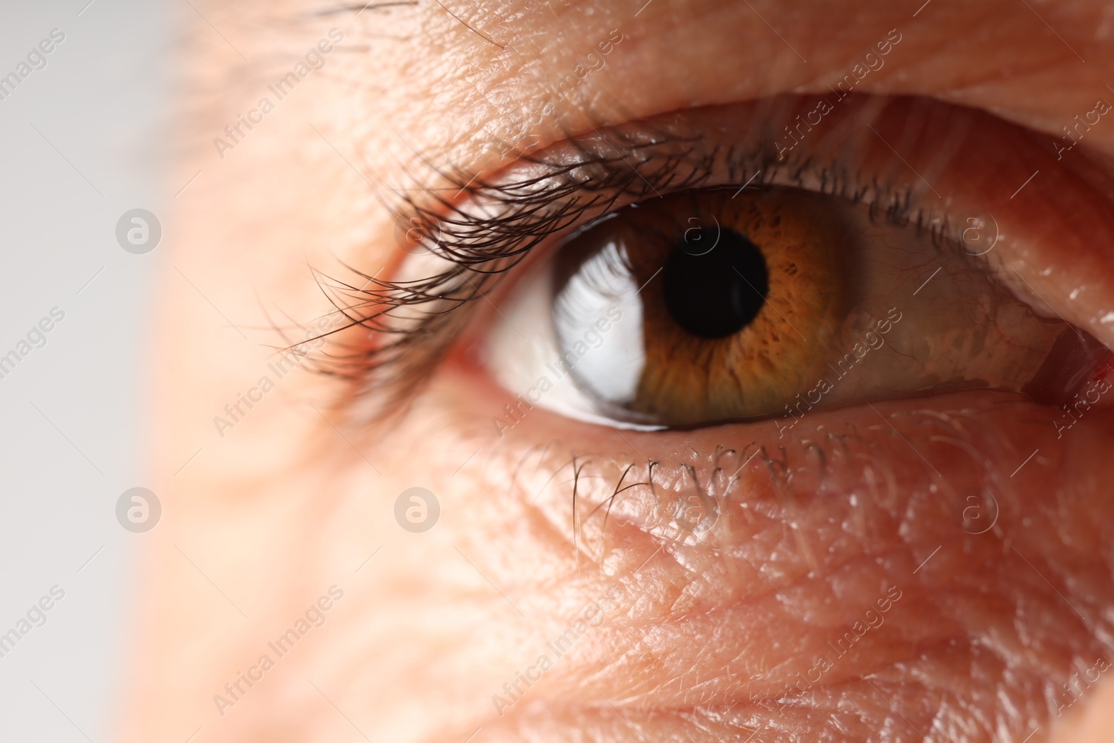 Man with beautiful brown eyes on grey background, macro view Photo of Man with beautiful brown eyes on grey background, macro view