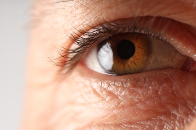 Photo of Man with beautiful brown eyes on grey background, macro view