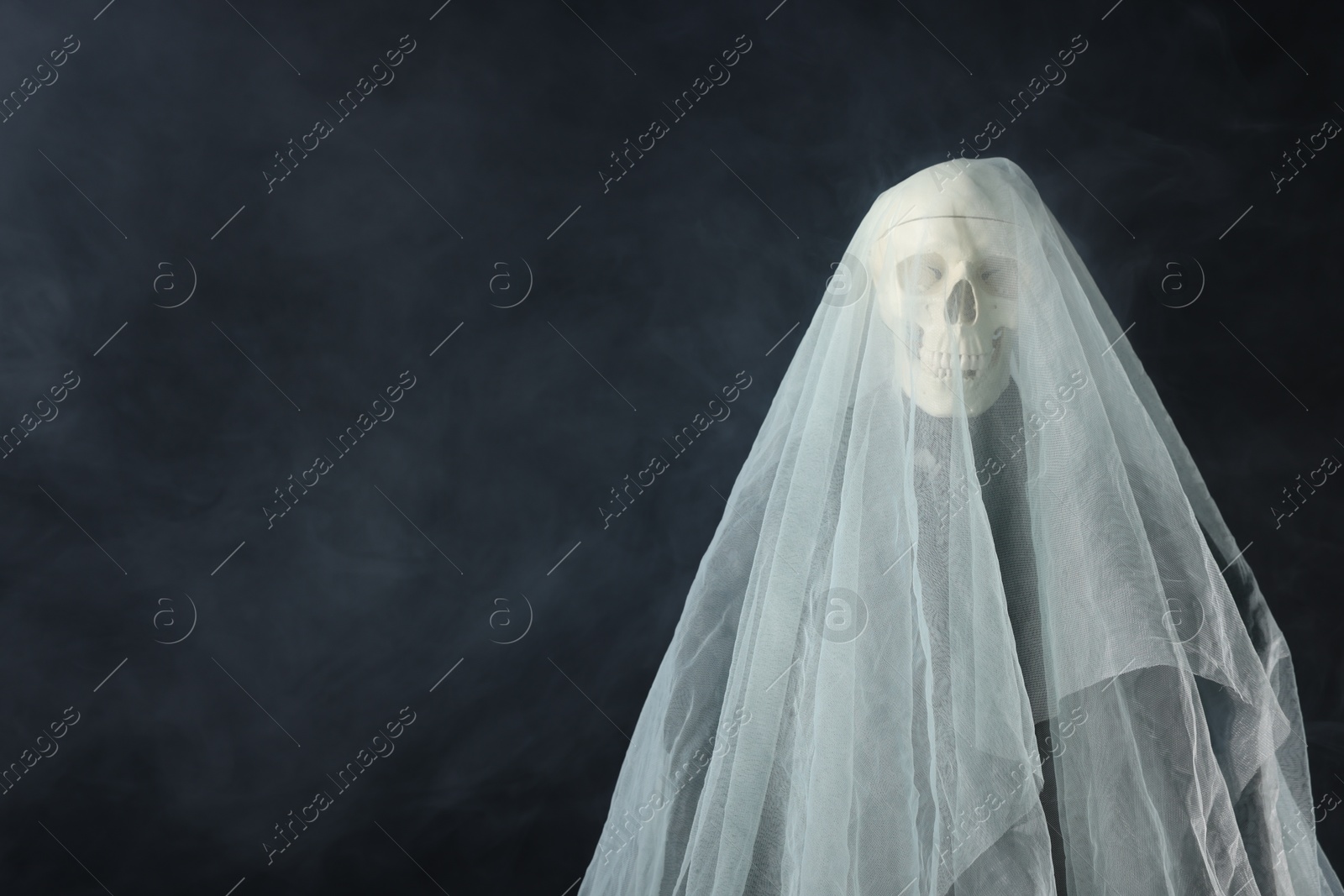 Creepy ghost. Skeleton covered with white sheet in smoke on black background, space for text Photo of Creepy ghost. Skeleton covered with white sheet in smoke on black background, space for text