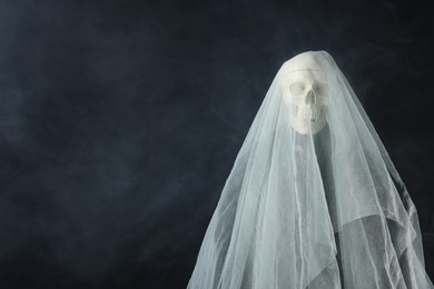 Photo of Creepy ghost. Skeleton covered with white sheet in smoke on black background, space for text