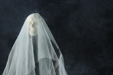 Photo of Creepy ghost. Skeleton covered with white sheet in smoke on black background, space for text