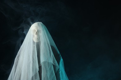 Photo of Creepy ghost. Skeleton covered with white sheet in smoke on black background, space for text