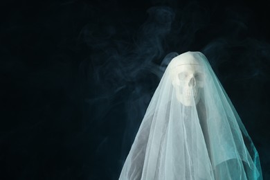 Photo of Creepy ghost. Skeleton covered with white sheet in smoke on black background, space for text