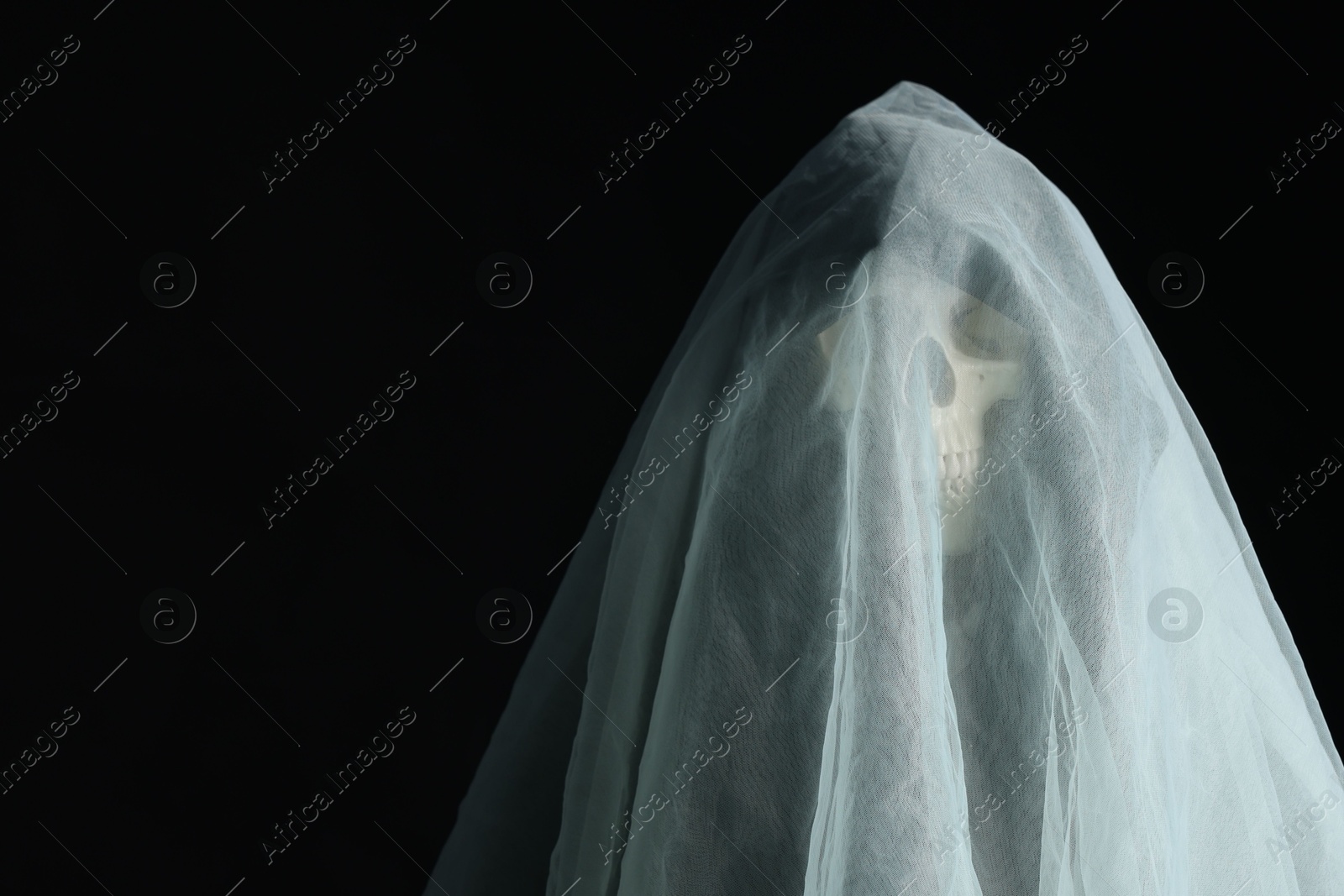 Creepy ghost. Skeleton covered with white sheet on black background, space for text Photo of Creepy ghost. Skeleton covered with white sheet on black background, space for text