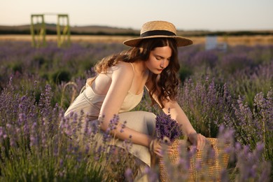 Photo of Beautiful young woman with lavender flowers and wicker bag in field