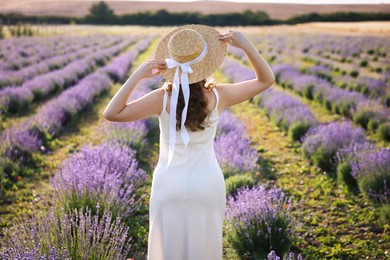 Photo of Woman with straw hat in lavender field, back view