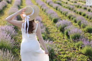 Photo of Woman with straw hat in lavender field, back view. Space for text