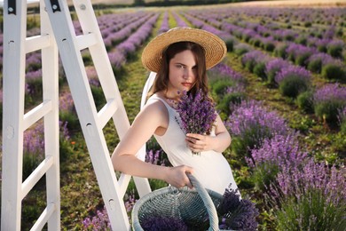 Photo of Beautiful young woman with lavender flowers and wicker basket in field