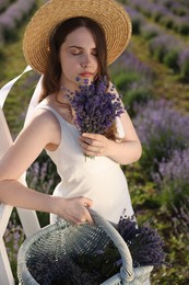 Photo of Beautiful young woman with lavender flowers and wicker basket in field