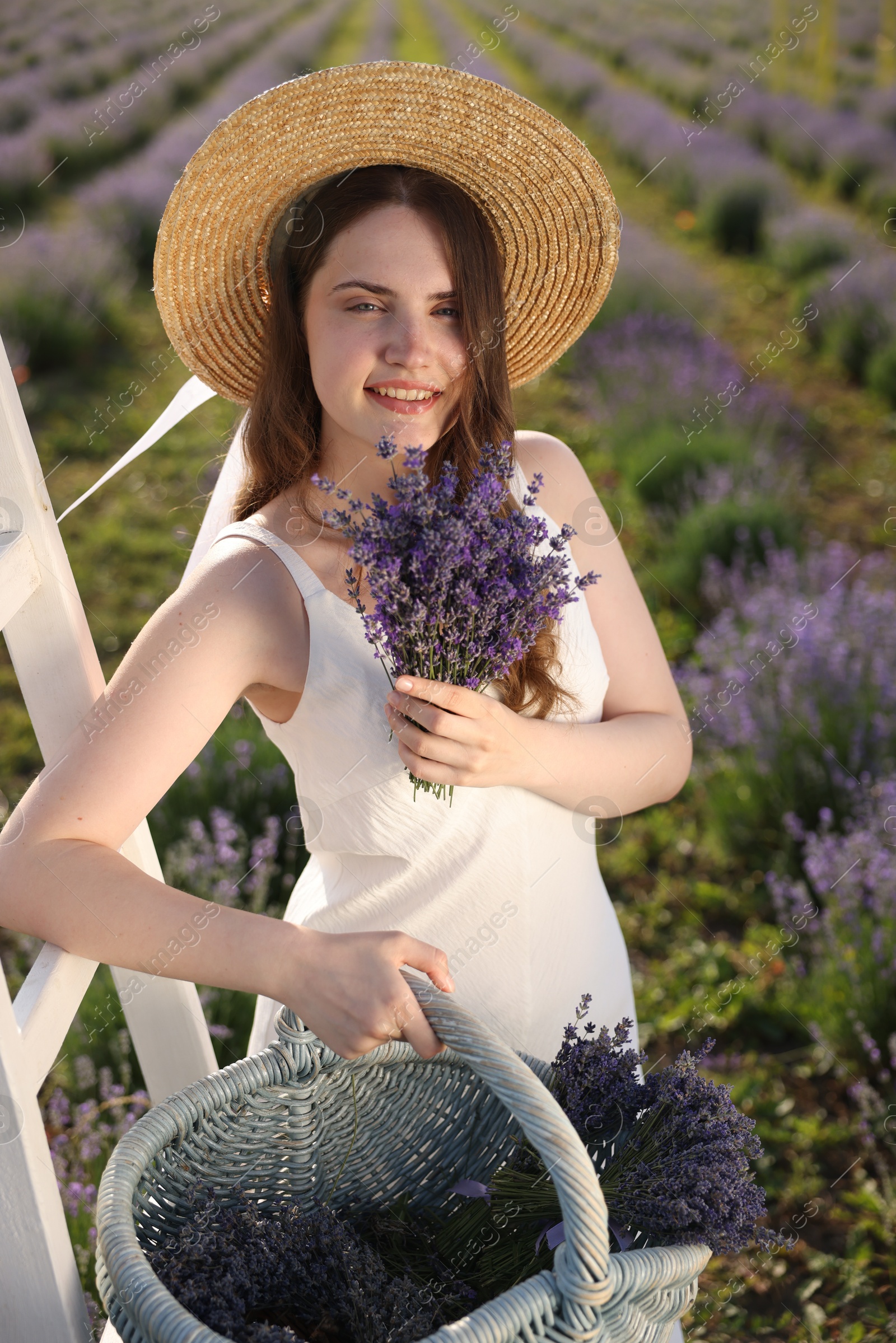 Photo of Beautiful young woman with lavender flowers and wicker basket in field