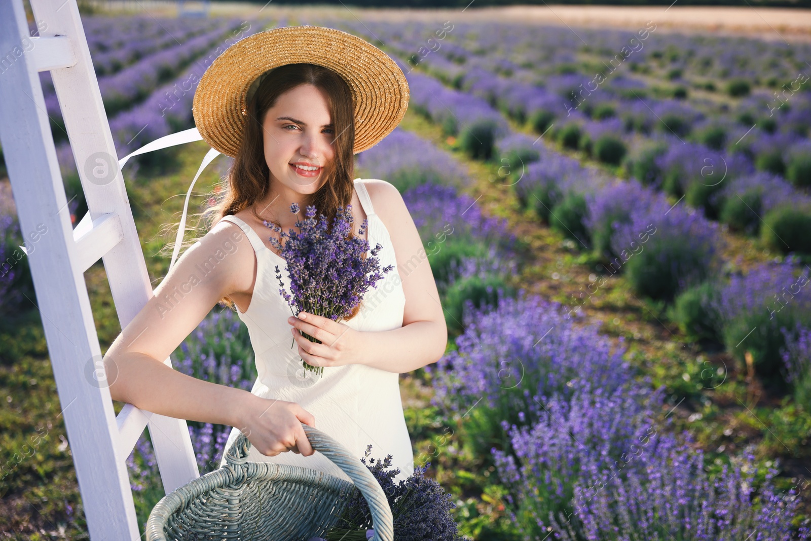Photo of Beautiful young woman with lavender flowers and wicker basket in field