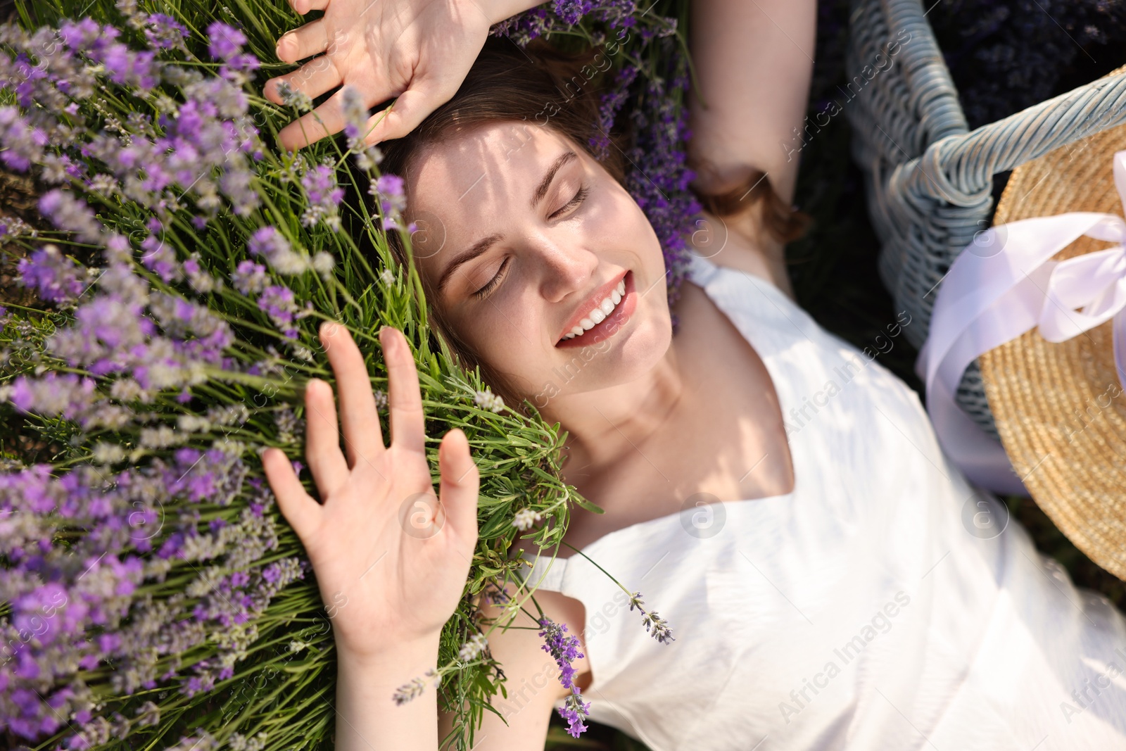 Photo of Beautiful young woman lying among lavender flowers outdoors, closeup