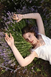 Photo of Beautiful young woman lying among lavender flowers outdoors, top view
