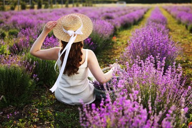 Photo of Woman with wicker basket of beautiful lavender flowers sitting in field, back view