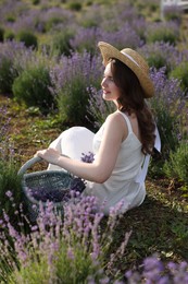 Photo of Beautiful young woman with wicker basket of lavender flowers sitting in field