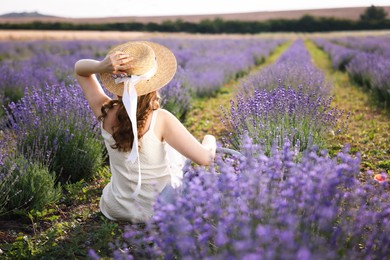 Photo of Woman with wicker basket of beautiful lavender flowers sitting in field, back view