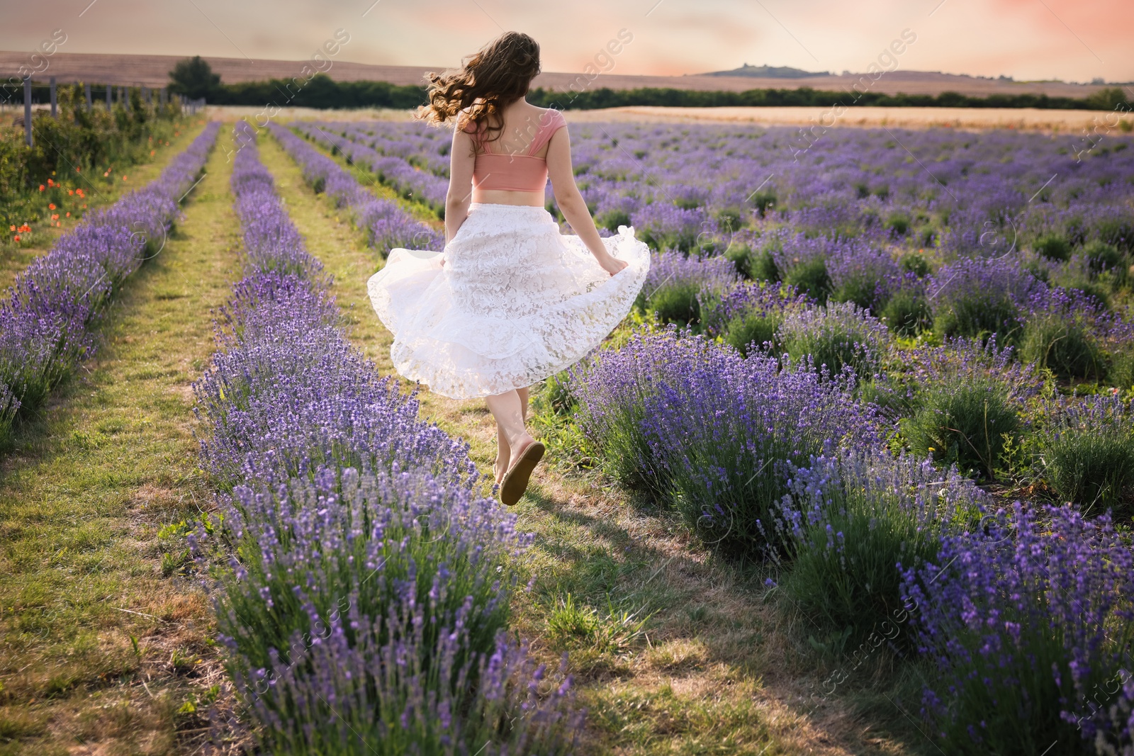 Photo of Woman running through lavender field, back view