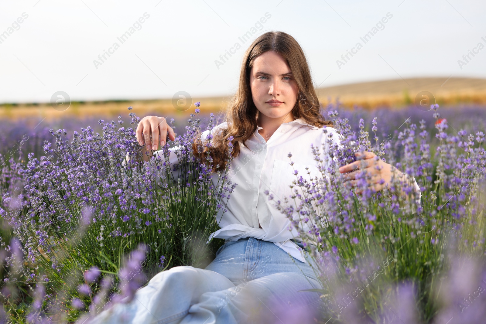 Photo of Beautiful young woman among lavender flowers in field