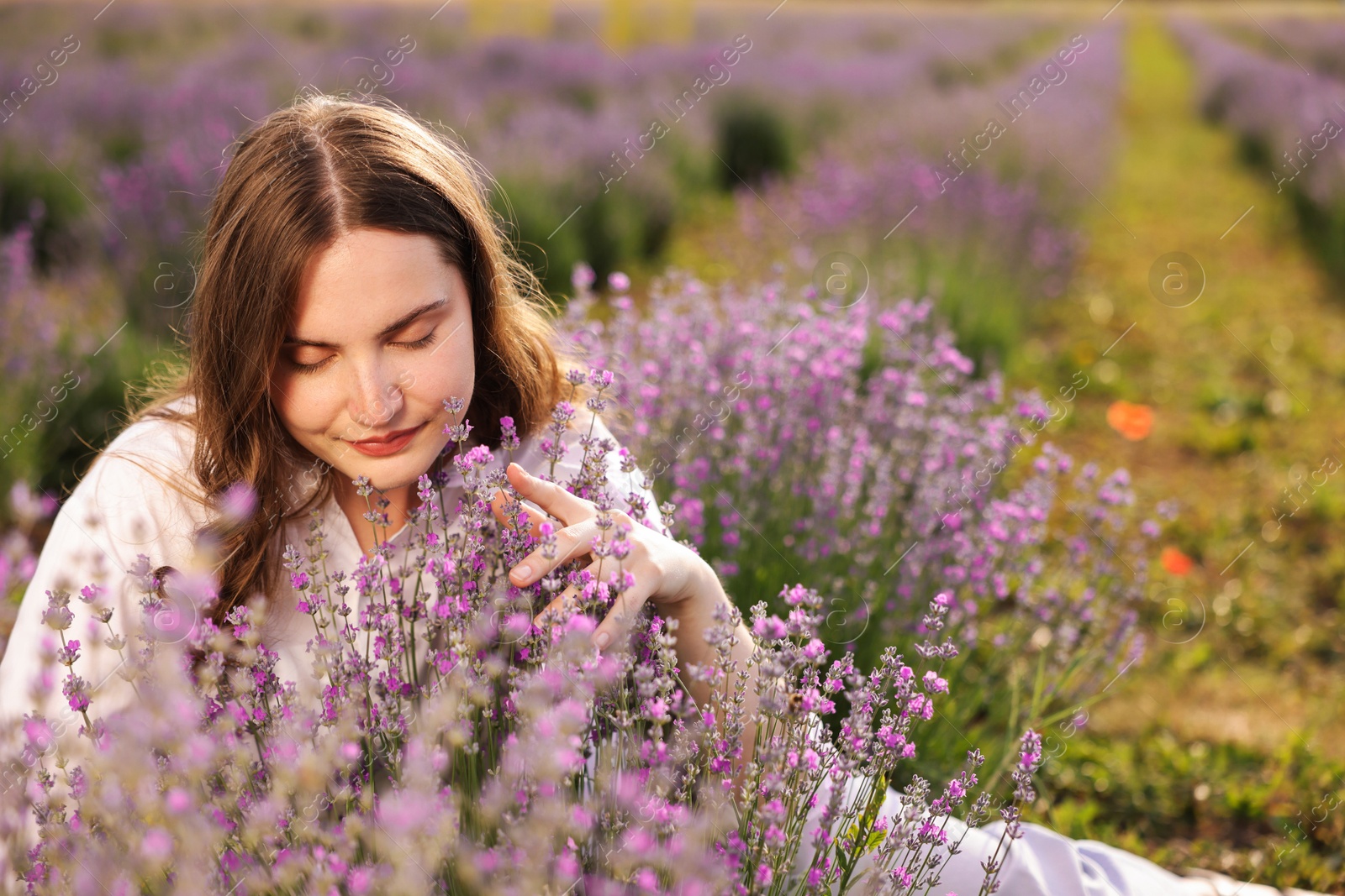 Photo of Beautiful young woman among flowers in lavender field. Space for text