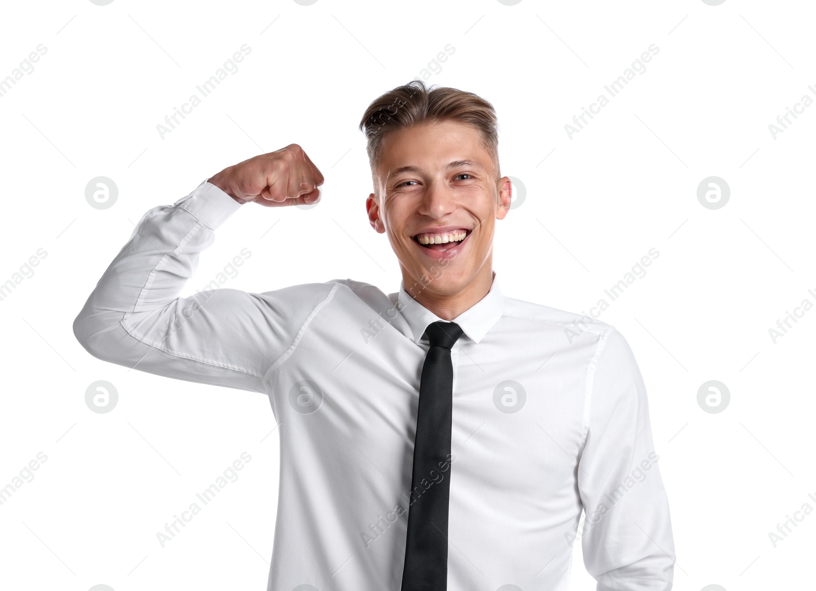 Strength. Happy businessman showing his biceps on white background Photo of Strength. Happy businessman showing his biceps on white background