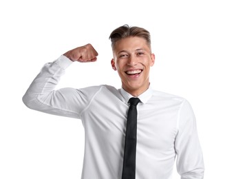 Photo of Strength. Happy businessman showing his biceps on white background