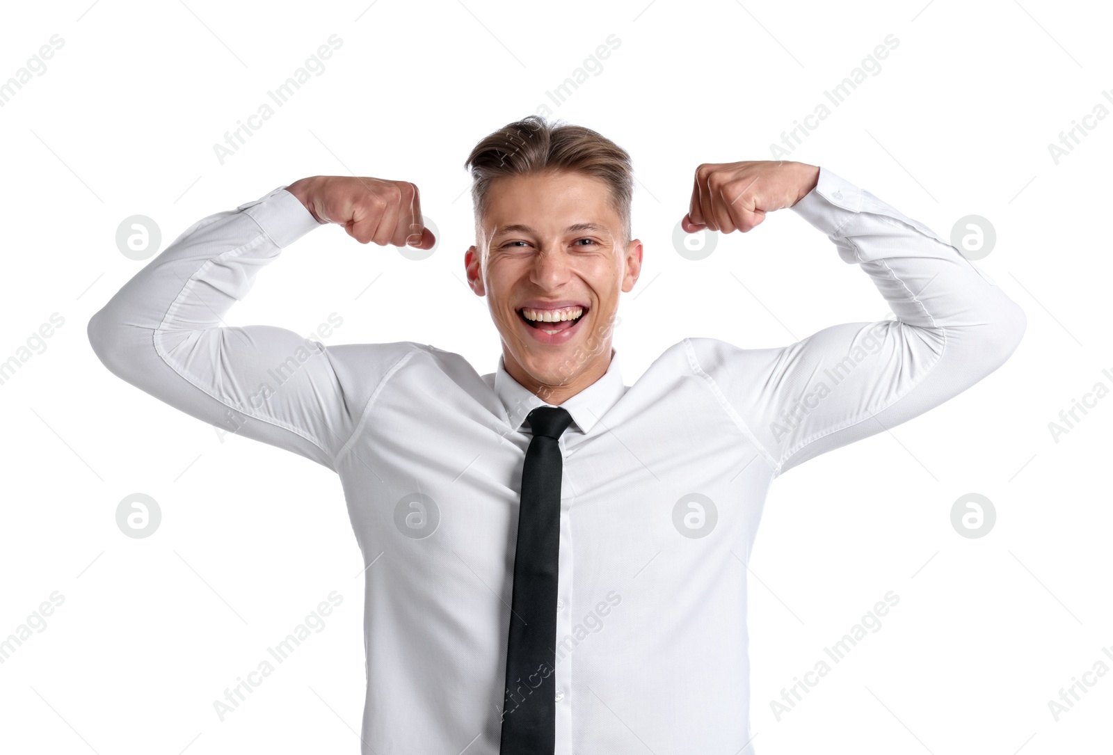 Strength. Happy businessman showing his biceps on white background Photo of Strength. Happy businessman showing his biceps on white background