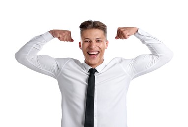 Photo of Strength. Happy businessman showing his biceps on white background