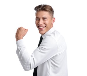 Photo of Strength. Happy businessman showing his biceps on white background