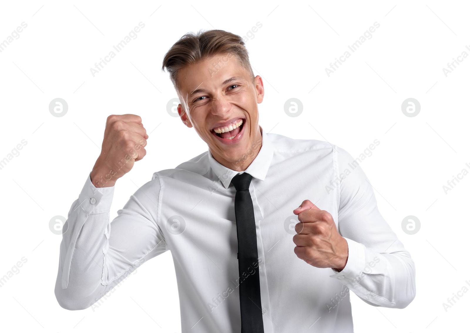 Strength. Happy businessman showing muscles on white background Photo of Strength. Happy businessman showing muscles on white background
