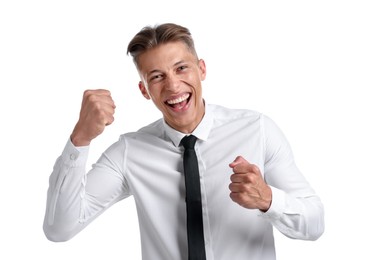 Photo of Strength. Happy businessman showing muscles on white background