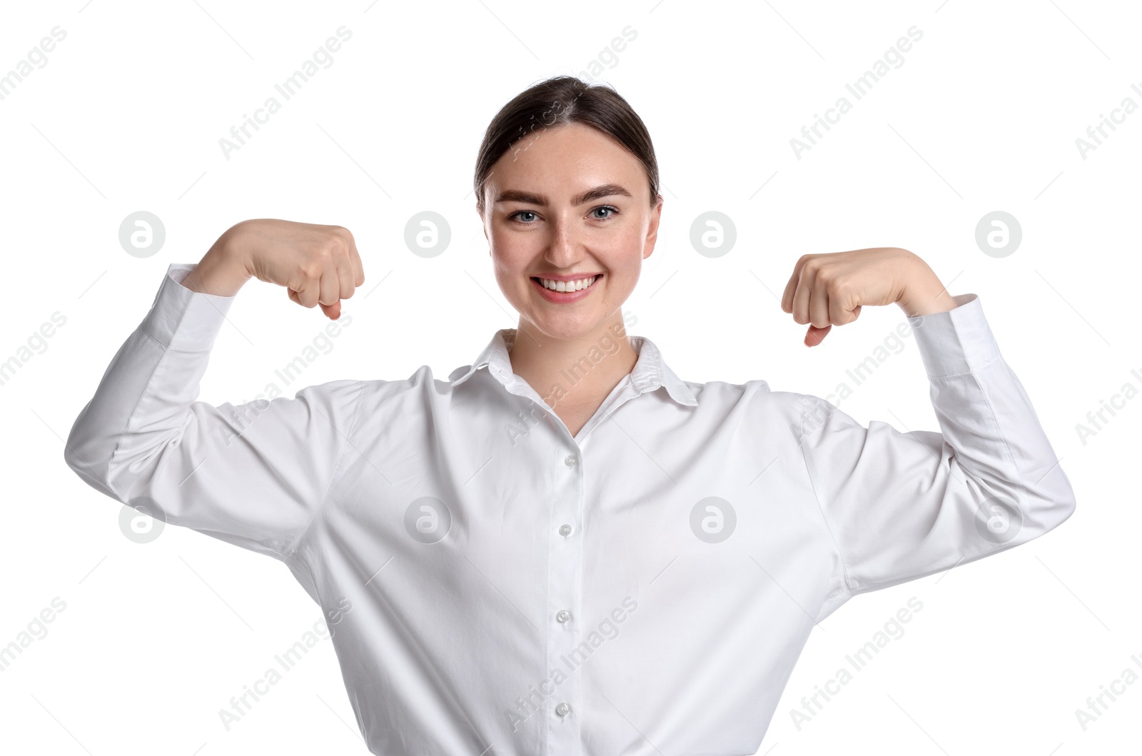 Strength. Happy businesswoman showing her biceps on white background Photo of Strength. Happy businesswoman showing her biceps on white background