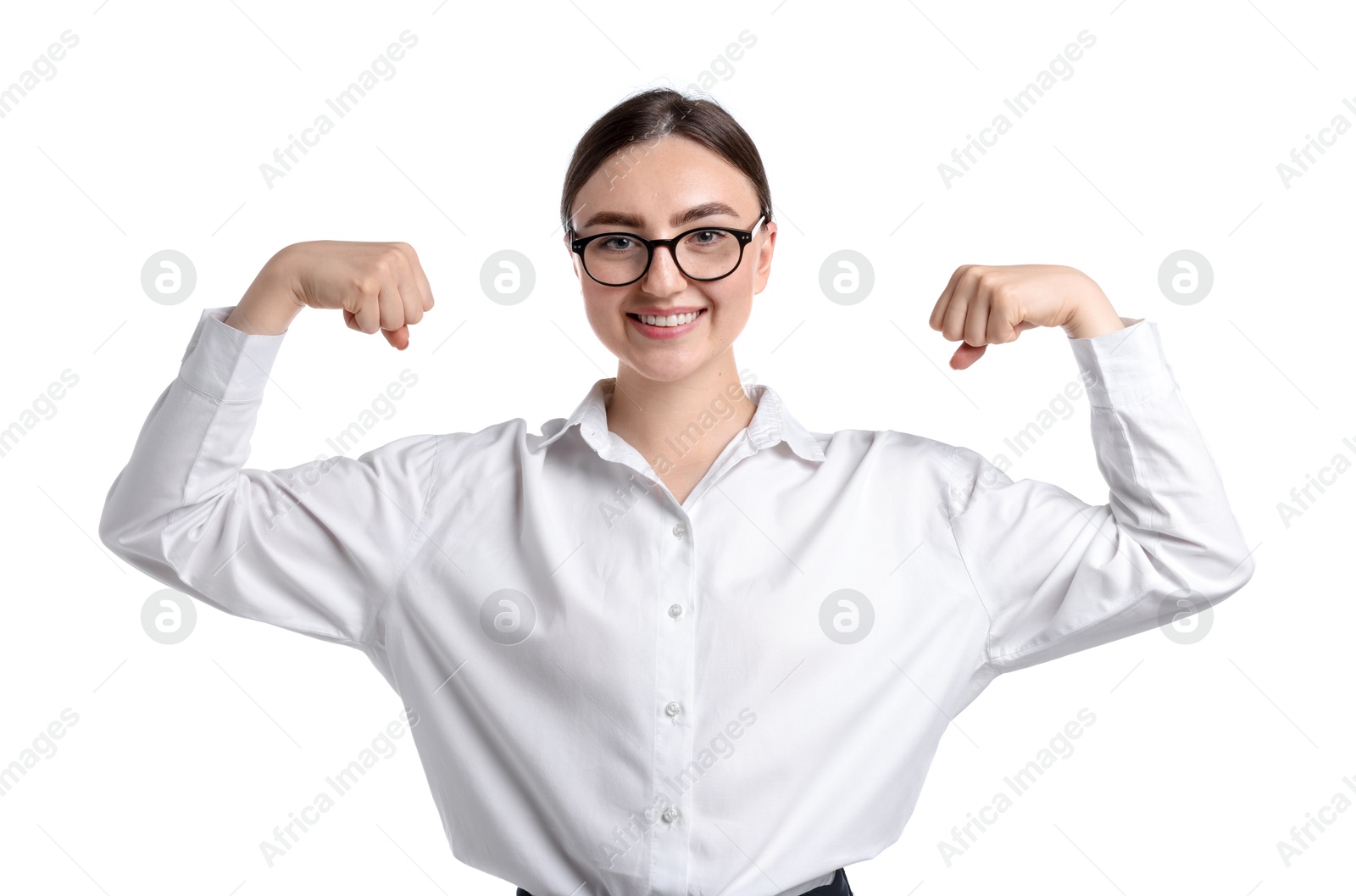 Strength. Happy businesswoman in glasses showing her biceps on white background Photo of Strength. Happy businesswoman in glasses showing her biceps on white background
