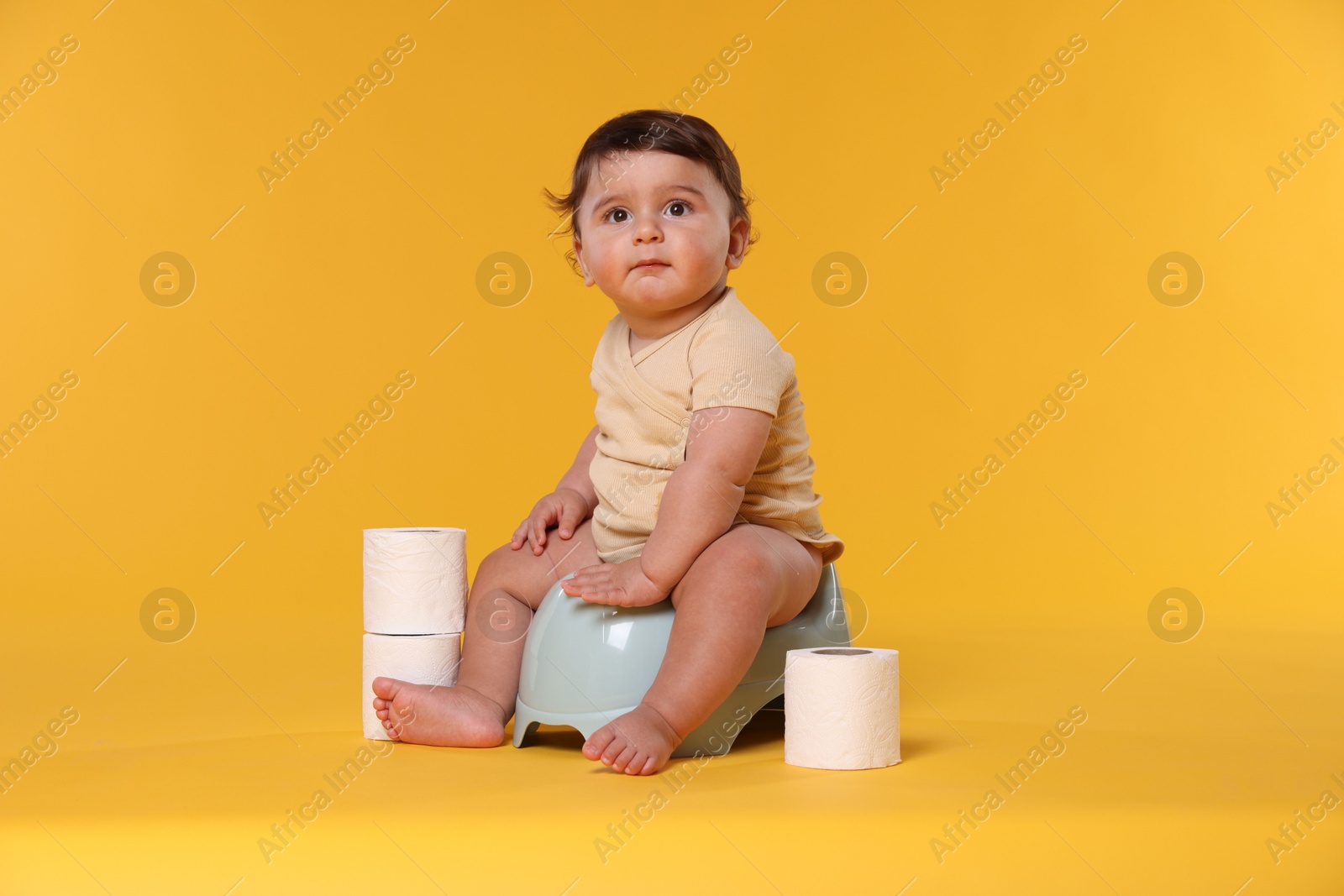 Cute little baby sitting on potty and rolls of toilet paper against orange background Photo of Cute little baby sitting on potty and rolls of toilet paper against orange background