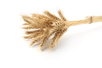 Photo of Bunch of dried wheat spikes isolated on white