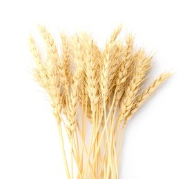 Photo of Dried spikes of wheat isolated on white, top view