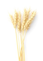 Photo of Dried spikes of wheat isolated on white, top view
