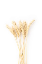 Photo of Dried spikes of wheat isolated on white, top view