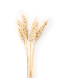 Photo of Dried spikes of wheat isolated on white, top view