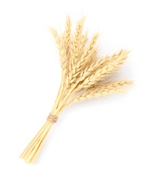 Photo of Bunch wheat spikes isolated on white, top view