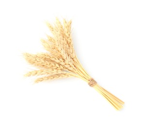 Photo of Bunch wheat spikes isolated on white, top view