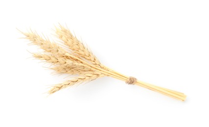 Photo of Bunch of dried wheat spikes isolated on white, top view