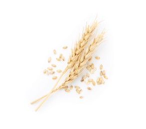 Photo of Wheat spikes and grains isolated on white, top view