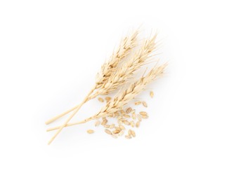 Photo of Wheat spikes and grains isolated on white, top view